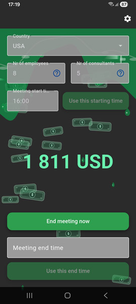 A meeting in progress, with the running cost shown in real time