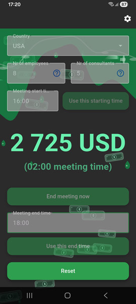 The final cost total shown after a meeting has ended