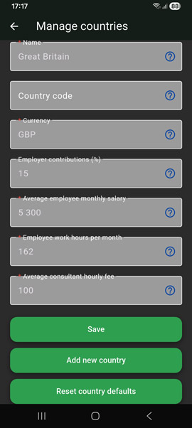 The Manage countries screen, showing editable salary and fee fields